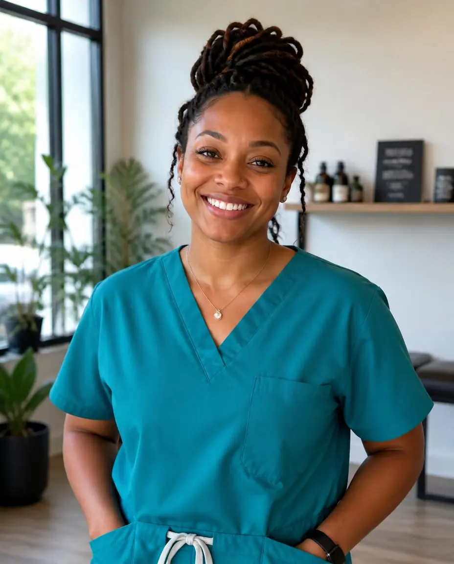 Smiling nurse practitioner in scrubs