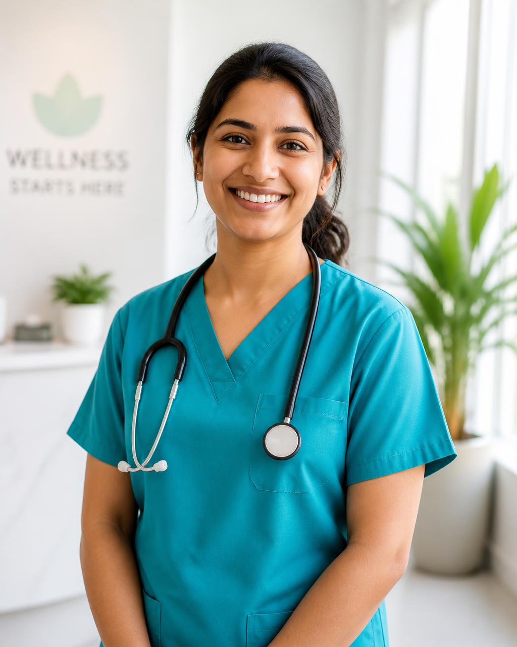 Smiling nurse in teal medical scrubs at a Restore studio